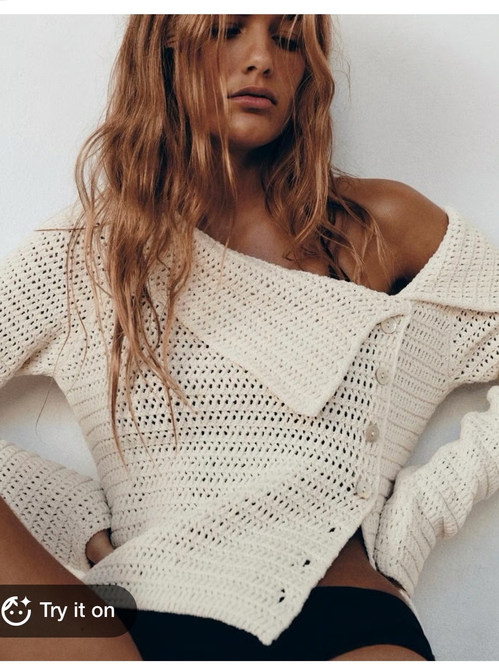 Zara Off-Shoulder Crochet Knit Sweater - Cream